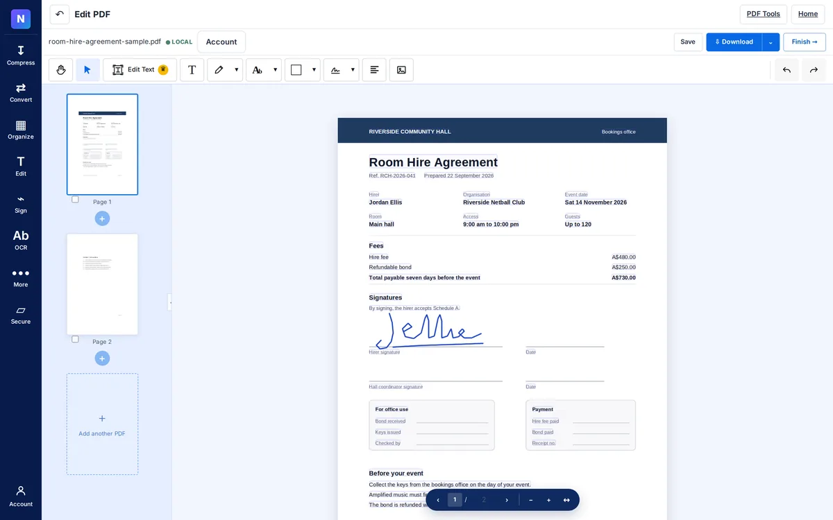 The NoblePDF editor with a two-page room hire agreement open. The hirer's signature has been added on the signature line with the editor's Sign tool.